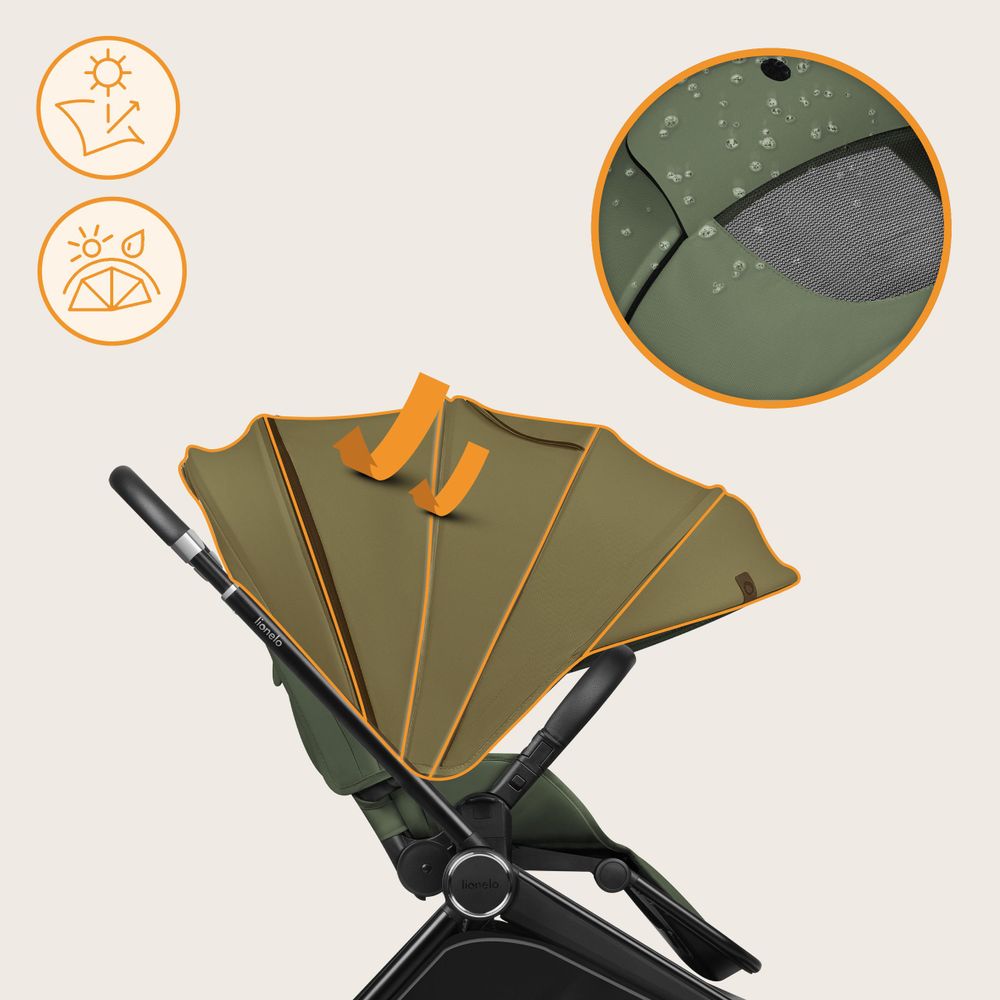 Lionelo Mika Plus Universal-Buggy bis zu 22kg Hohe Manövrierfähigkeit XXL-Verdeck mit UPF50+ Grüne Olive