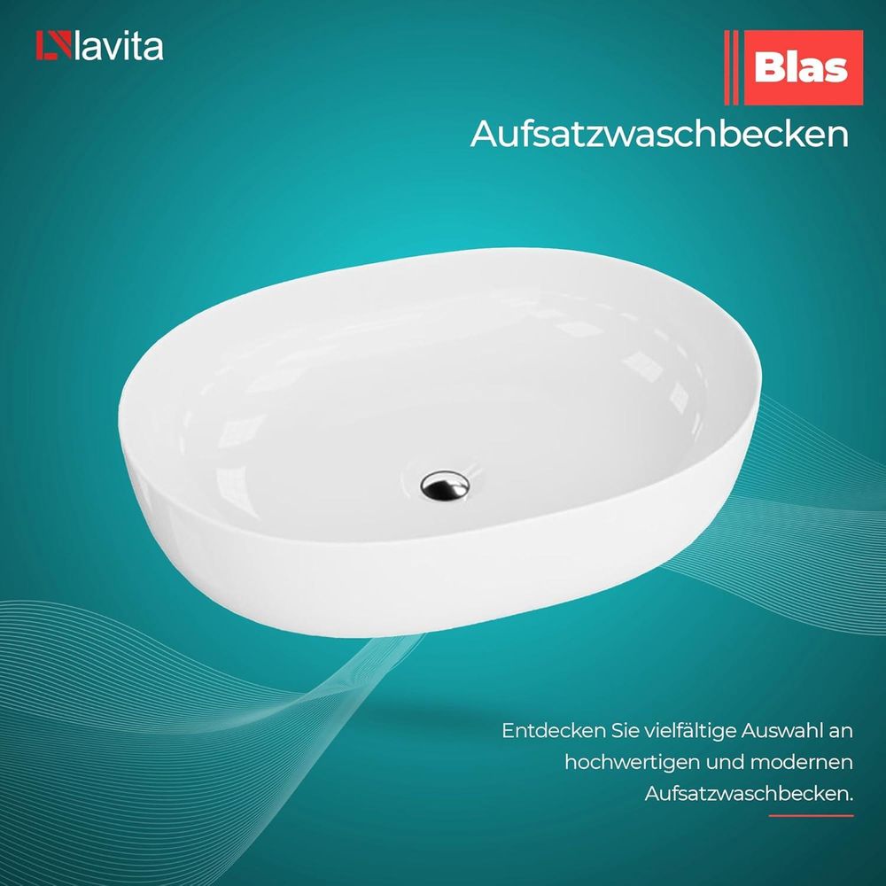 LAVITA Aufsatzwaschtisch Blas | Aufsatzwaschbecken Oval | Waschbecken ohne Überlauf und Hahnloch | Aus hochwertigem Porzellan | Waschtisch | 59,5x43x13,5 cm | Weiß