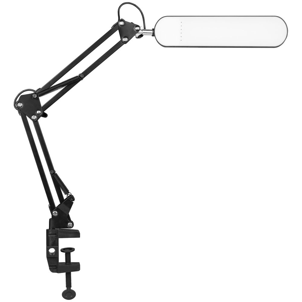 Schwarze LED-Tischleuchte mit Schwenkarm und Tischklemme zur flexiblen Befestigung.