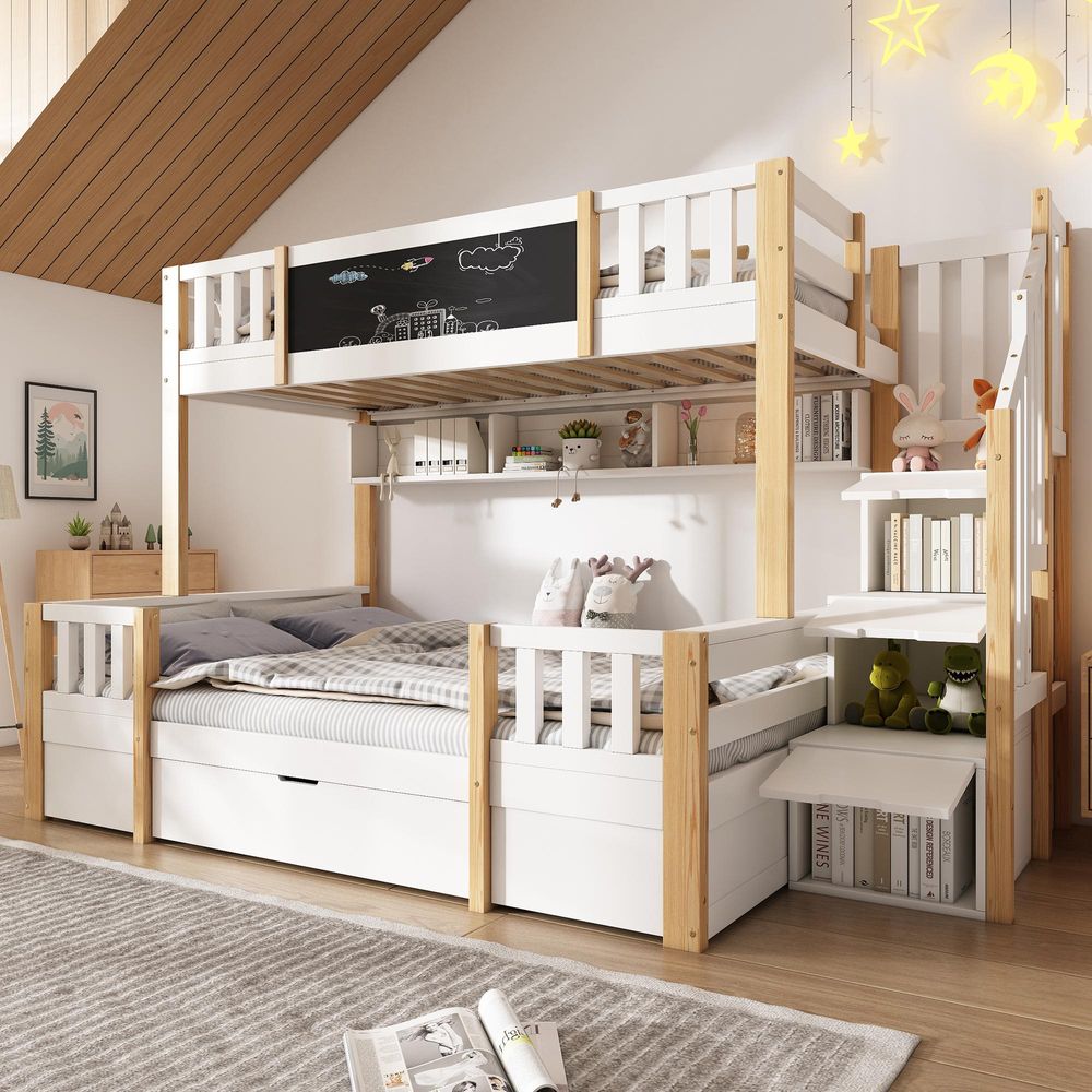Flieks Etagenbett 90x200cm/140x200cm, Kinderbett Hausbett mit Kreidetafel, Hochbett mit Treppe und Schubladen, Stockbett für 2 Kinder, Naturbelassen