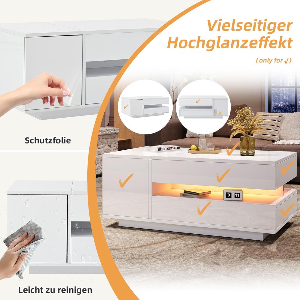 STILVORA Couchtisch mit Hebefunktion und LED, Wohnzimmertisch mit Schublade und Schrank, Beistelltisch mit verstecktem und halboffenem Stauraum, Weiß