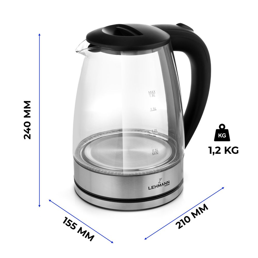 LEHMANN Bouilloire Électrique en Verre et Acier Inoxydable 2L, 2200W Chauffage Rapide, sans BPA