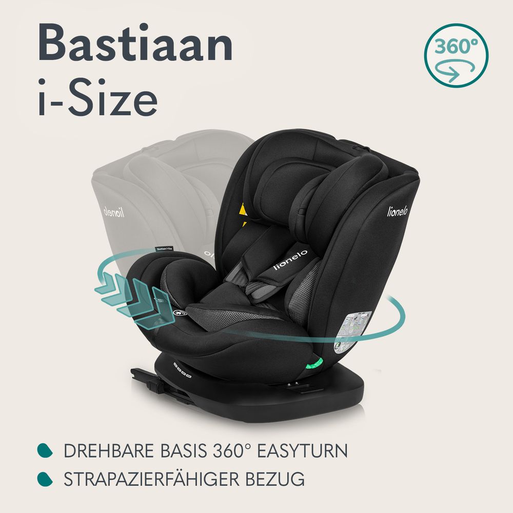 Lionelo Bastiaan i-Size Autokindersitz ab Geburt bis 12 Jahre, ab 0 kg bis 36 kg, i-Size, Isofix + Top Tether - Schwarz