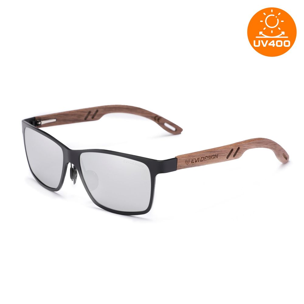 Sonnenbrille Herren Polarisiert UV400, Silber Verspiegelt Holz Sonnenbrille Nerd-Stil, Walnussholz-Bügel inkl. Etui & Zubehör, EVI DESIGN Silver