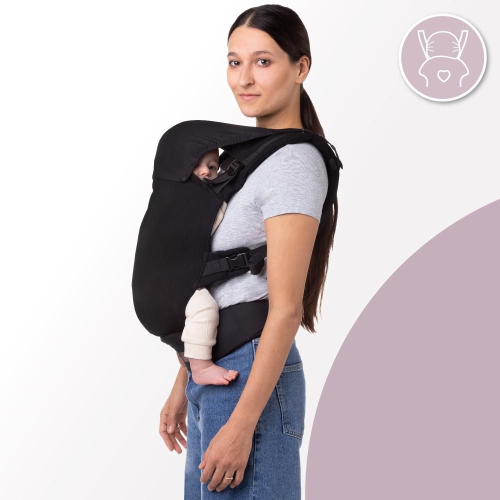 MoMi COLLET – Ergonomische Babytrage für vorne & hinten, verstellbar, bis 15 kg, physiologisch & rückenschonend, mit Kapuze & Tasche – Schwarz