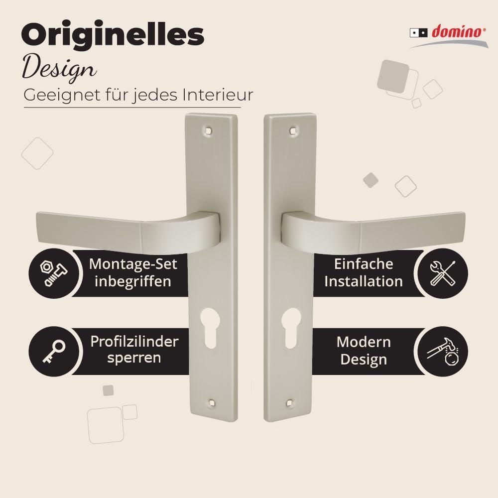 DOMINO Türgriff 72 Drückergarnitur PZ - Profilzylinder Set | Türklinke für Zimmertür, Bürotür, Kellertür & Innentür | L-Form | Türbeschläge aus Aluminiuml | Satin Nickel Velvet Türdrückergarnitur | FOKUS M91