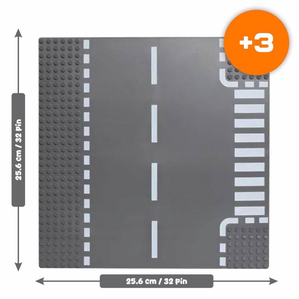 Bauplatte Straße T-Kreuzung 32x32 Noppen, Straßenplatte kompatibel mit gängigen Bausteinen, 25,6 x 25,6 cm, EVI KIDS, Grau