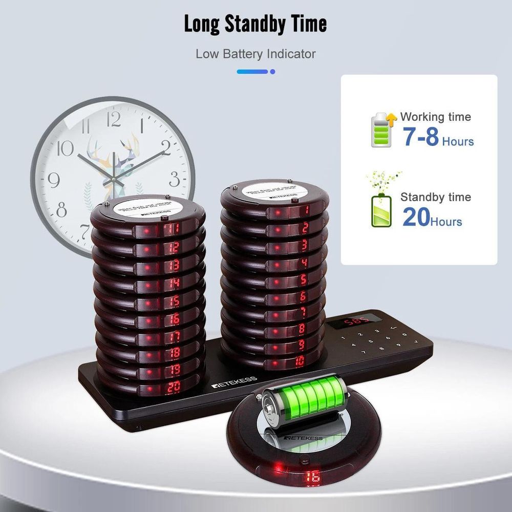 Retekess TD163 Restaurant Pager System, Pager Rufsystem mit 31 Rufmod, 500M, 20 Pagers, 300mAh 20H, Pager set für Fast Food, Hamburgerladen, Café, Bar