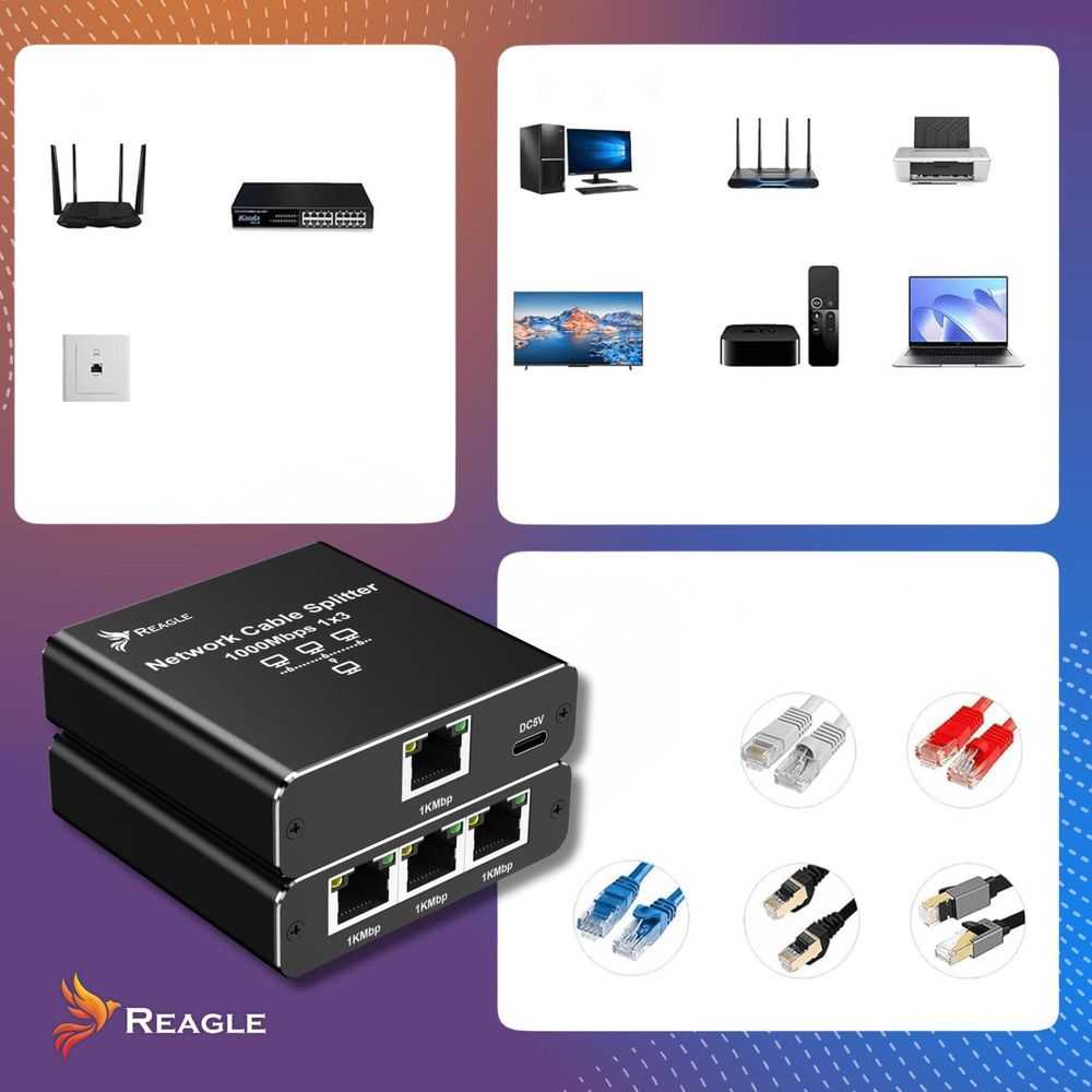 Reagle Premium LAN Splitter Switch 1 auf 3 RJ45 Gigabit Ethernet Netzwerkverteiler 1000Mbps für PC Gaming TV Konsole Aluminium Design USB C Power