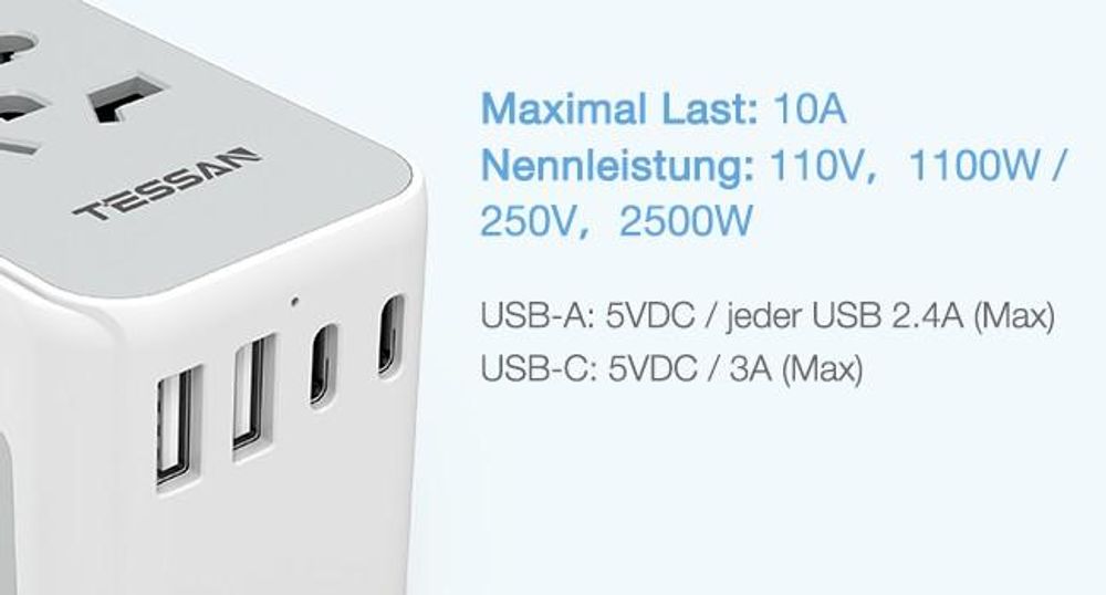 Reiseadapter Weltweit Reisestecker Adapter Weltweit mit 2 USB A und 2 USB C Universal Travel Adapter für DE USA UK AU