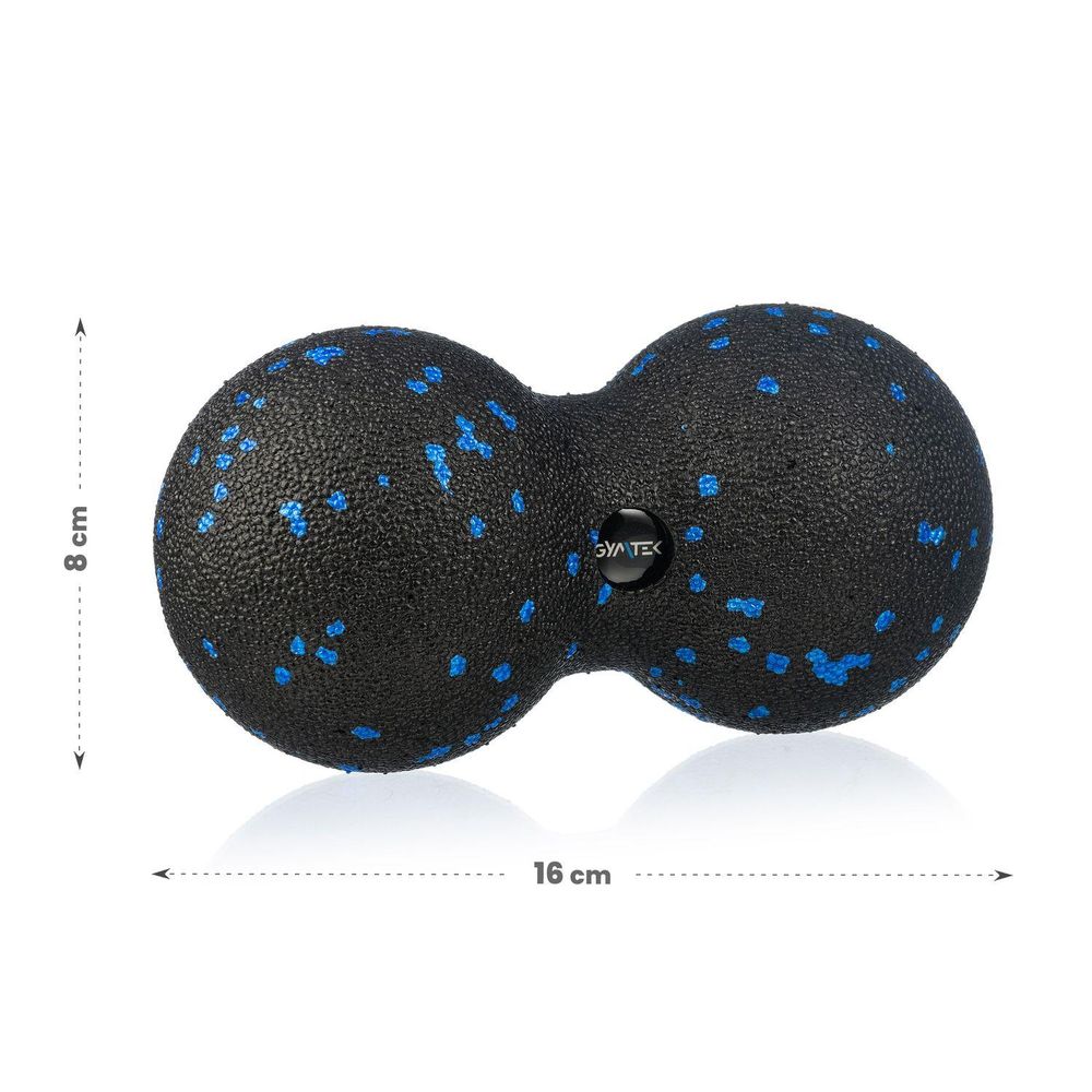 Maße des Duoballs: 16 cm Gesamtlänge und 8 cm Durchmesser pro Kugel.