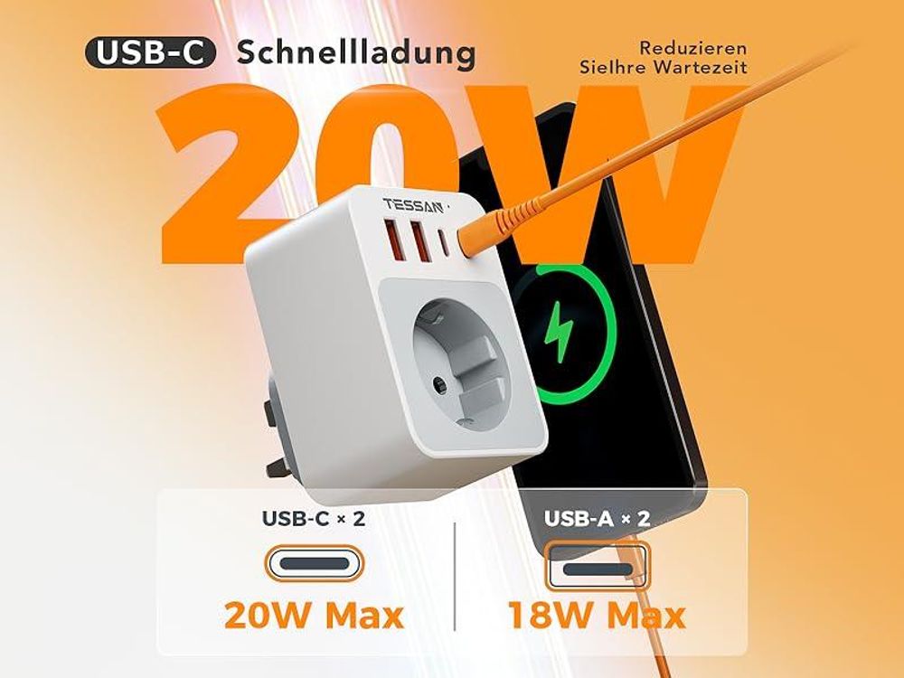 TESSAN 2 Stück Klappbarer Adapter 5 in 1 Reiseadapter UK Adapter auf EU Steckdosenadapter 2 USB C und 2 USB A Typ G für London