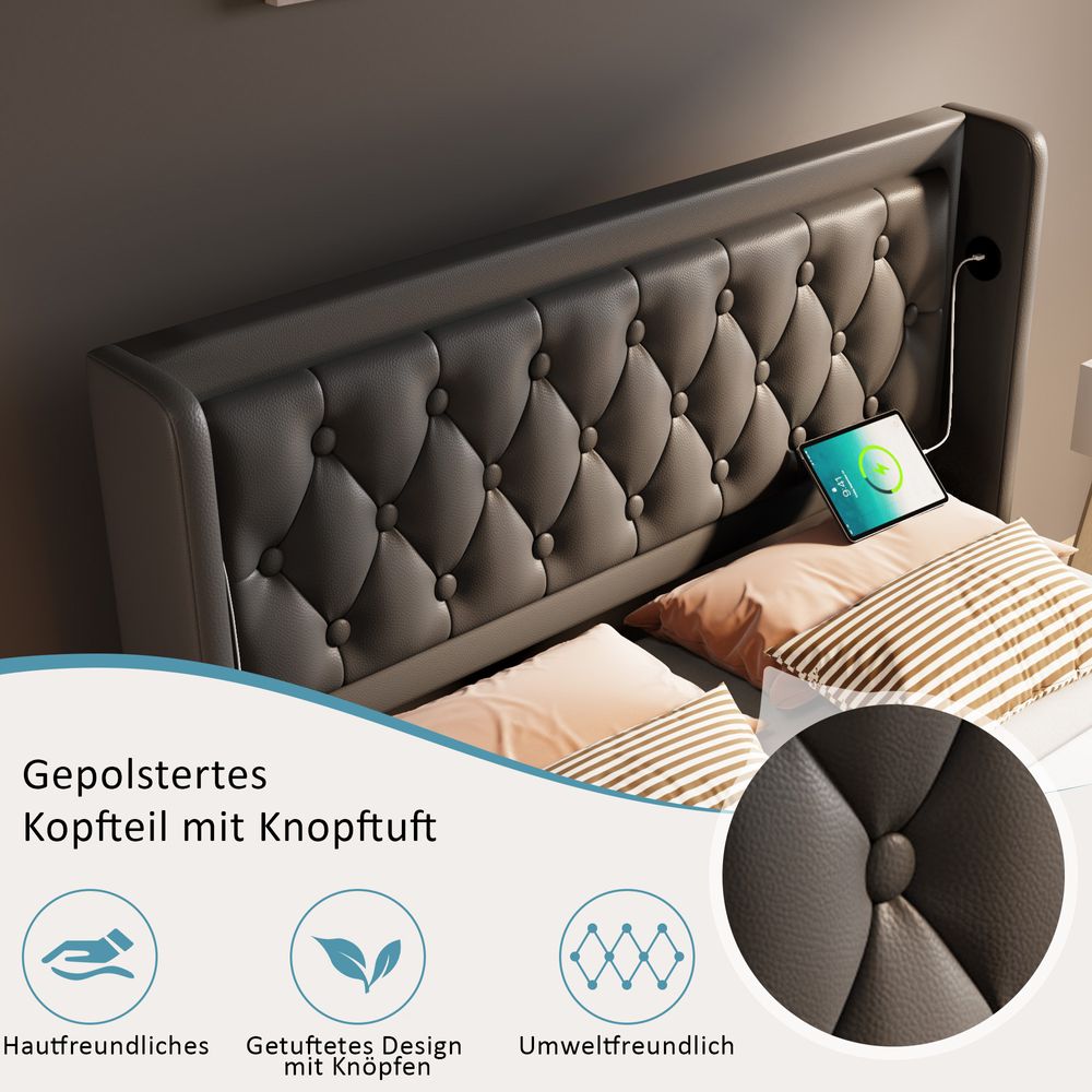 Flieks Polsterbett 180x200cm mit USB & Typ-C, Doppelbett Jugendbett mit LED, Hydraulisches Stauraumbett Boxspringbett mit Lattenrost, PU, Schwarz