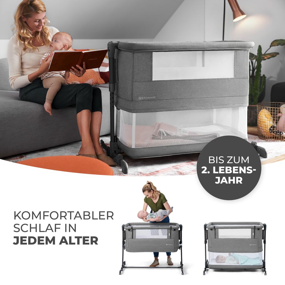 Kinderkraft NESTE GROW - 3-in-1 Beistellbett - höhenverstellbar - 2-stufige Neigung - für Babys bis 2 Jahre - inkl. Matratze - Grau