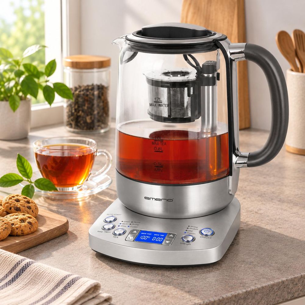 Emerio Glazen Waterkoker WK-122248 – 1,7 Liter – 2200 W – Digitaal – 5 Temperatuurstanden – Warmhoudfunctie – Automatische Theezeef – RVS/Glas
