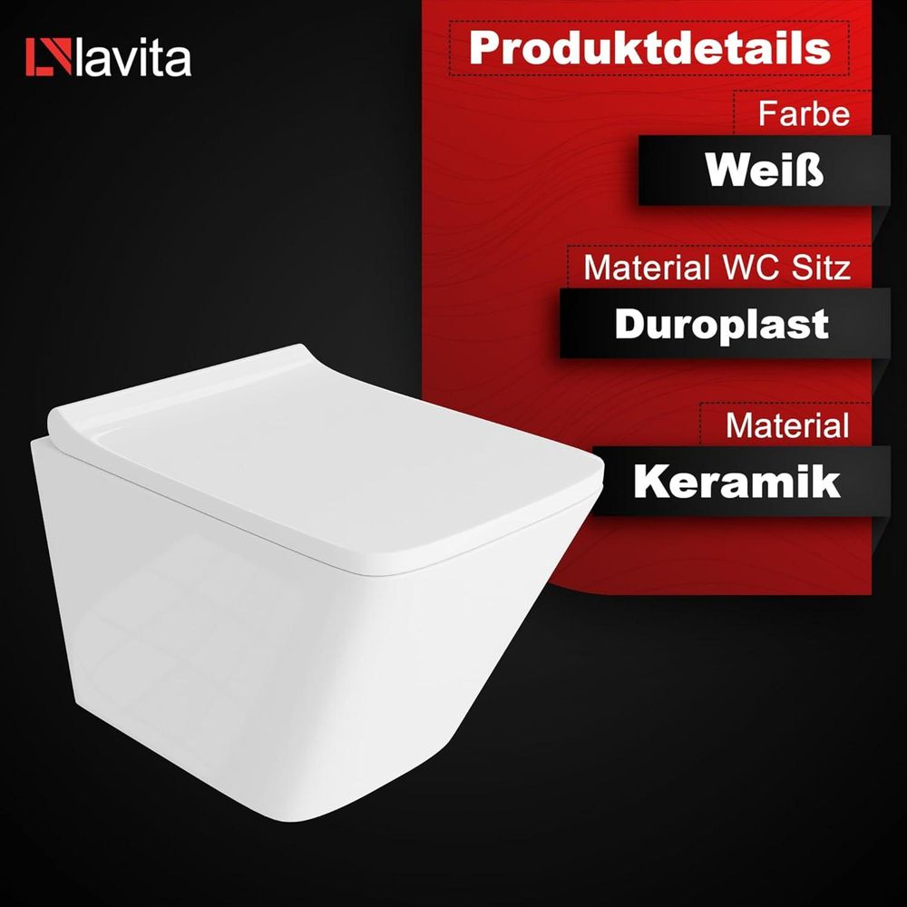 LAVITA Wand-WC Lago | Hänge Toilette | Toilettendeckel mit Absenkautomatik & Metallscharniere | Toiletten Spülrandlos Hängend | Spülsystem TORNADO 3.0 | Toilettenbecken | Weißer Glanz