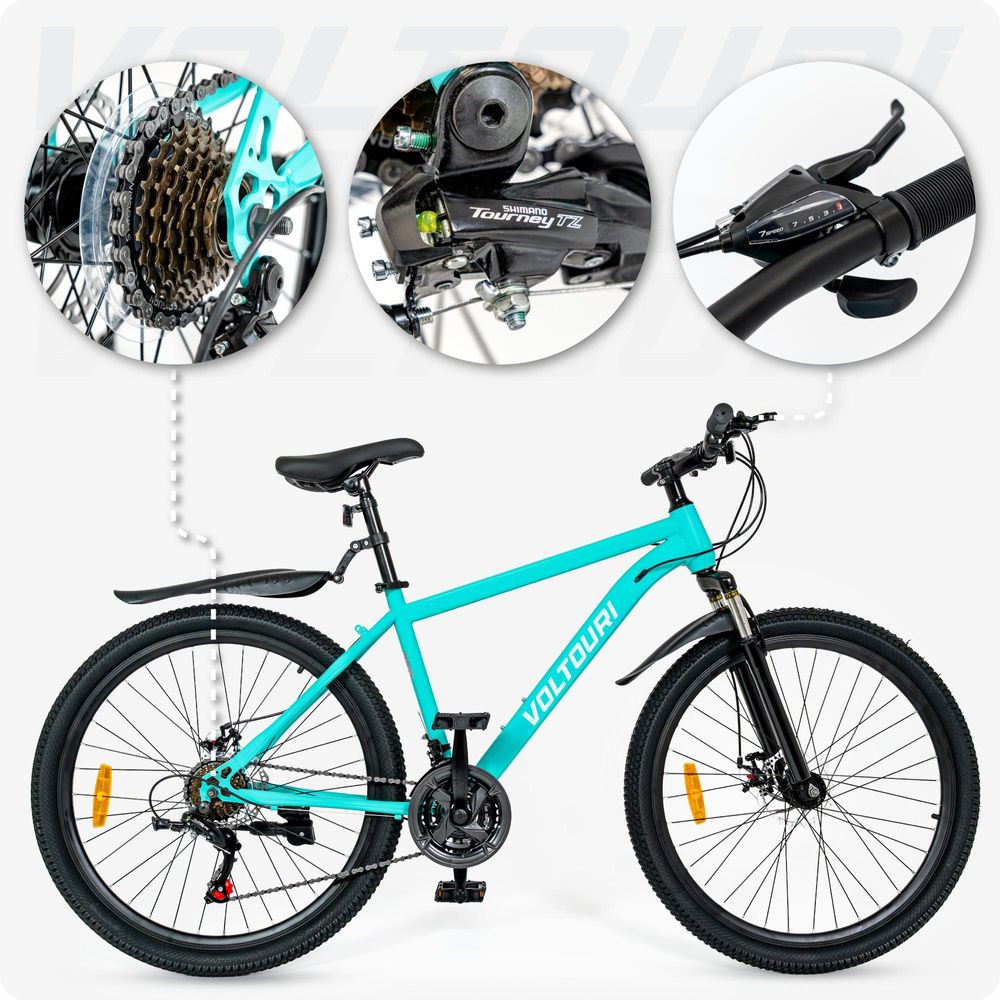 VOLTOURI Mountainbike 26 Zoll – 21 Gänge Shimano – Türkis – Scheibenbremsen