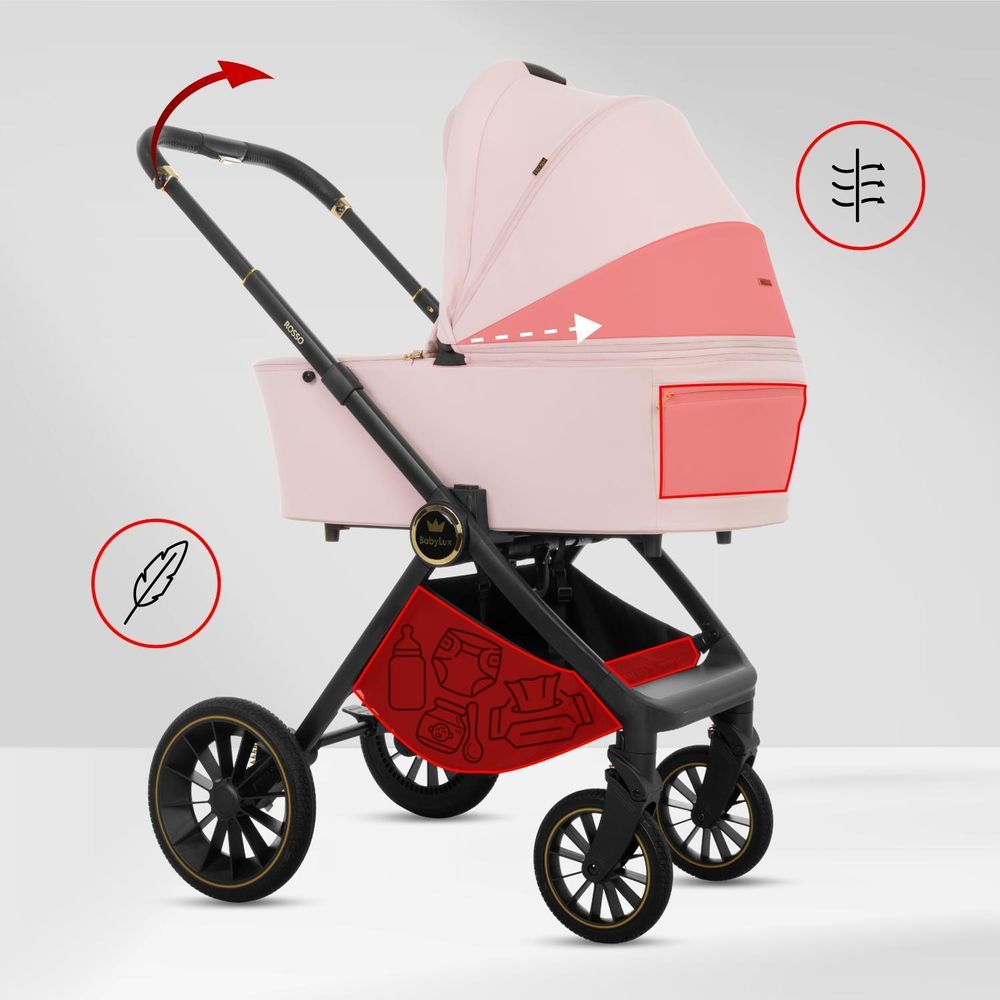 BabyLux® Wielofunkcyjny Wózek Dziecięcy 3w1 ROSSO, Kolor Beżowy, Gondola, Spacerówka, Fotelik Samochodowy, Akcesoria, Lekki i Kompaktowy