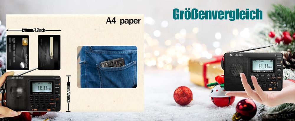 Retekess V115 Tragbares Radio,Radio AM FM SW mit 1000mAh Wiederaufladbare Batterie, 32 GB TF Karte, Weihnachtsgeschenke für die Familie
