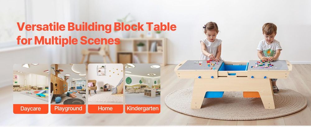 VEVOR Kindertisch 905 x 497 x 393 mm, Aktivitätstisch aus Holz, Mehrzweck-Spieltisch mit 200 Bausteinen und 3 Aufbewahrungsbehältern, Bausteintisch, Geschenk für Kinder ab 3 Jahren, Holzfarbe