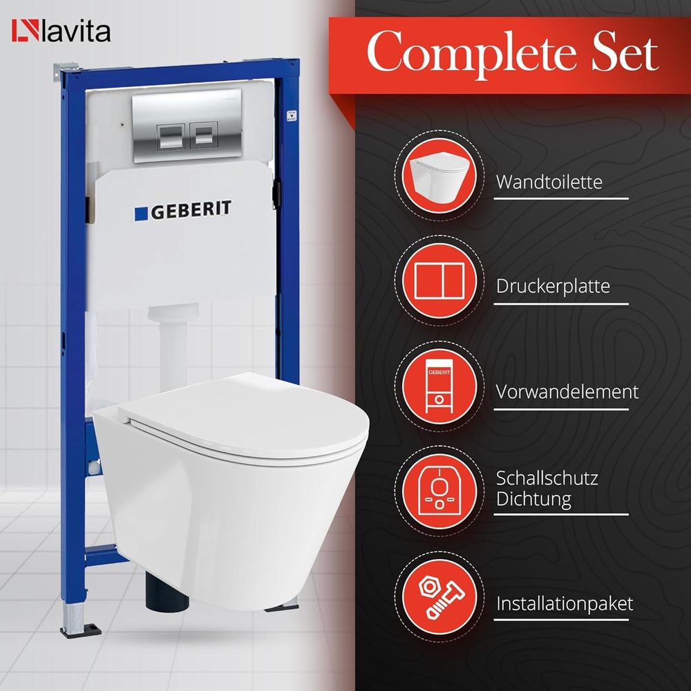 DOMINO Geberit Duofix Basic Vorwandelement + Wand-WC Tiefspül Galve Becken Weiß Spülrandlos + Bedienplatte Delta 25 für Doppelspülung | Komplett Set