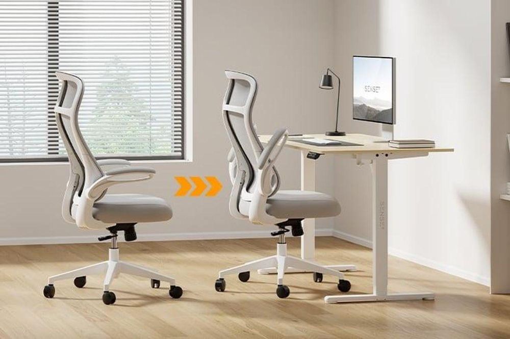 SENSE7 Revo Ergonomiczne krzesło biurowe Krzesło do biurka Szare Składane podłokietniki Siatkowe oparcie Funkcja kołysania Krzesło do domowego biura Krzesło szefa Krzesło komputerowe Białe 140 kg