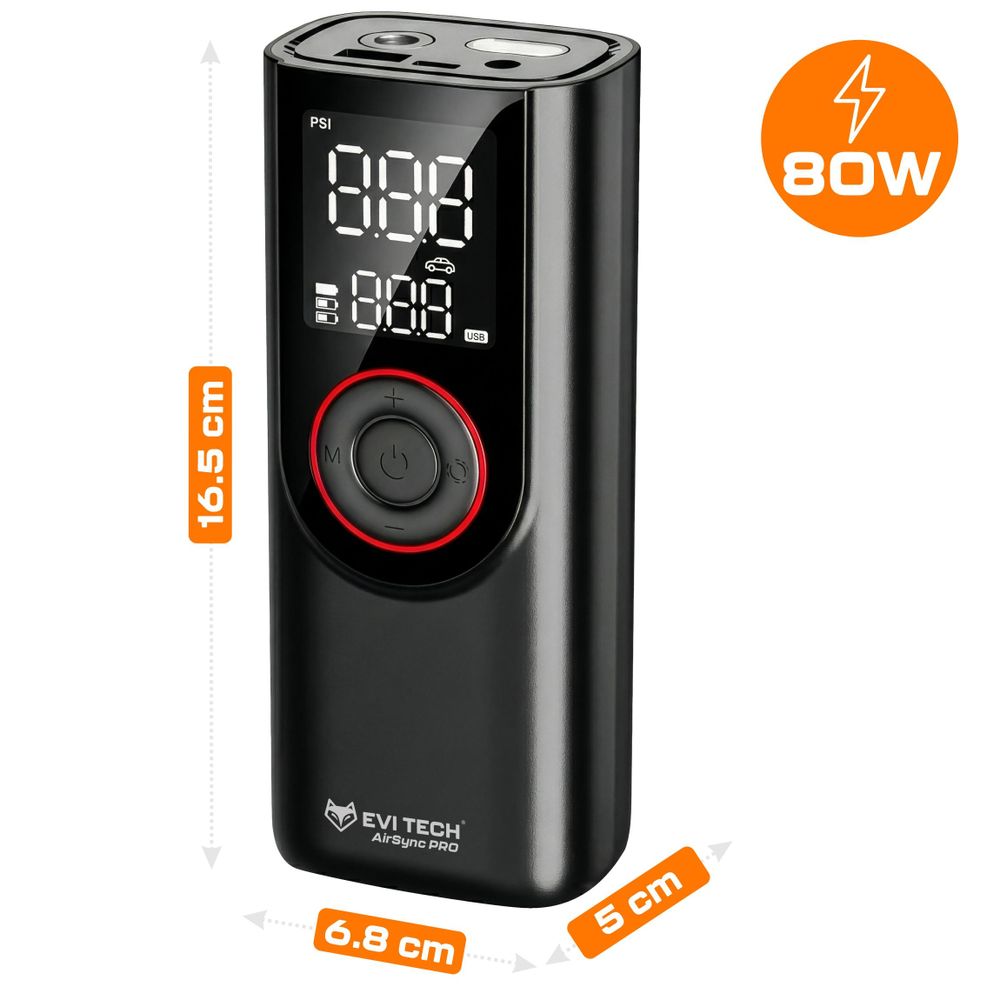 EVI TECH AirSync PRO Akku Kompressor 12 Bar Elektrische Luftpumpe 7500mAh Powerbank USB-C + 12V Kfz-Kabel für Auto Motorrad Fahrrad Tragbar Schwarz
