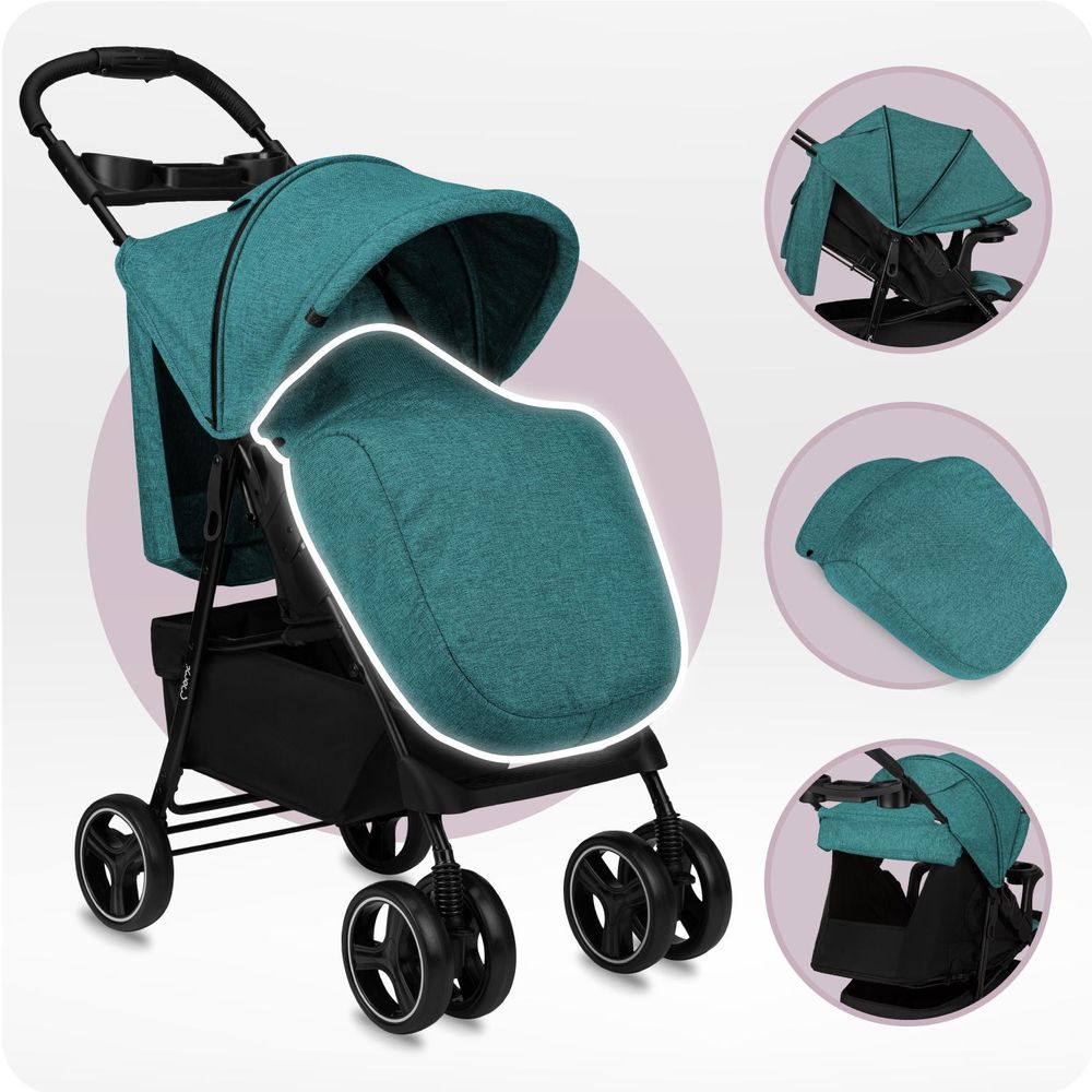 MoMi ISLA – Ultraleichter Baby Kompaktbuggy ab Geburt, verstellbar mit Sonnenverdeck, inkl. Organizer, Fußsack & Tasche, ideal für Reisen – Grün