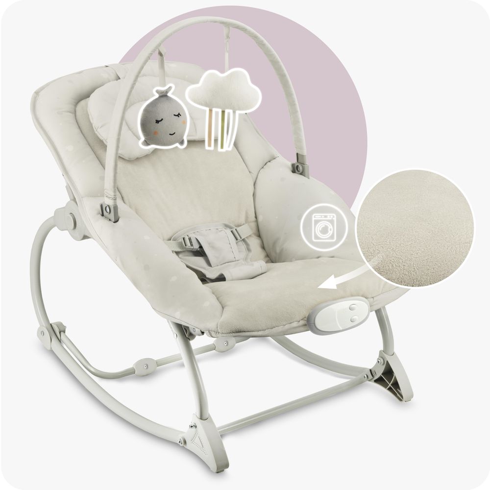 MoMi LAPIS – Elektrische Babywippe mit Musikmodul (8 Melodien), 3 Vibrationsstufen, verstellbare Rückenlehne & arretierbar – Hellgrau