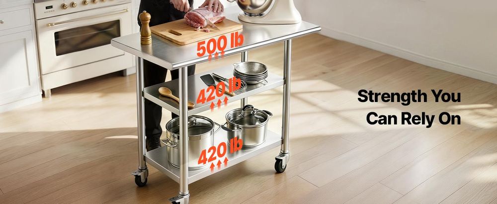 VEVOR Edelstahl Vorbereitungs Tisch, 24 x 24 x 34 Zoll, Schwerlast Metall Arbeitstisch mit 3 verstellbaren Höhenstufen, Gewerbliche Arbeitsstation für Küche Garage Restaurant Garten