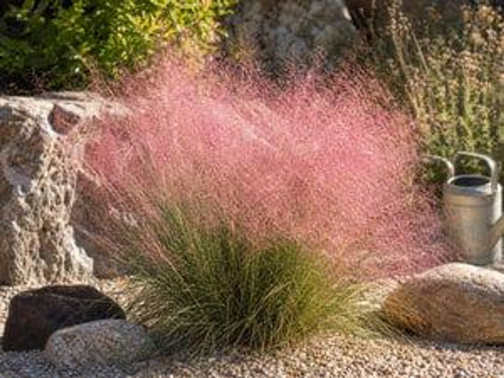 Vitaler Horst auf trockenem Kies in praller Sonne, unbenutzte Gießkanne