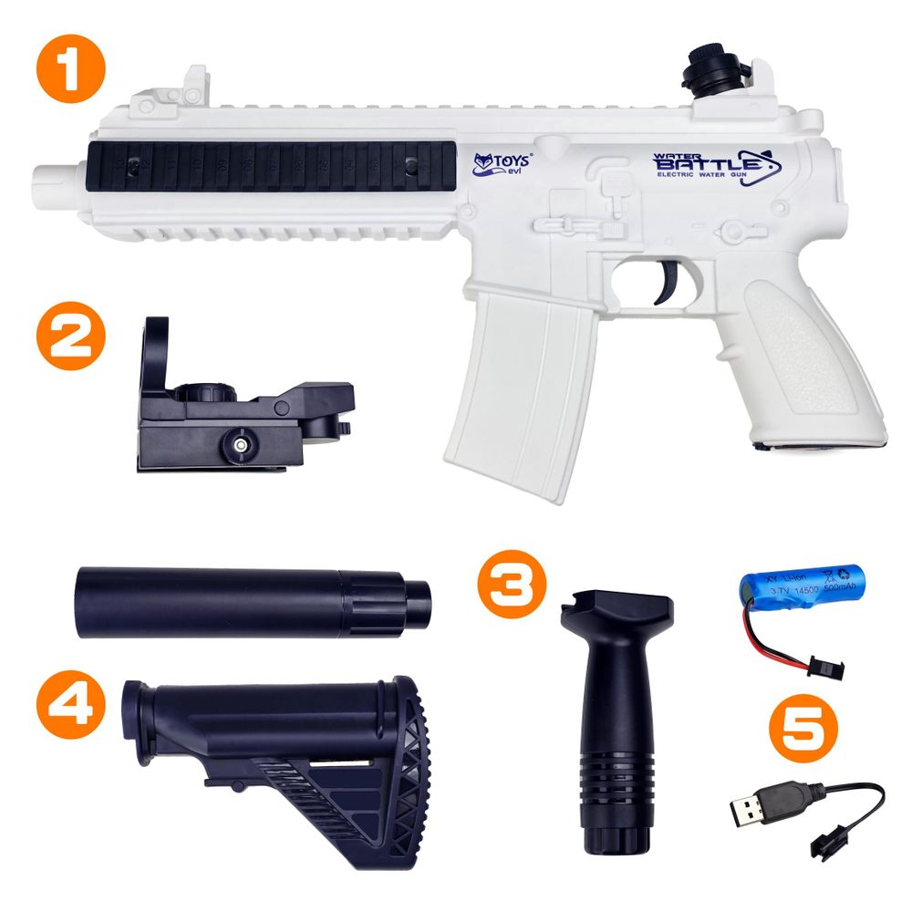 EVI TOYS HYDRO M416 Elektrische Wasserpistole Automatisch, 10m Reichweite, USB Akku, Zubehör-Set, Wasserspielzeug Kinder & Erwachsene, Weiß-Blau