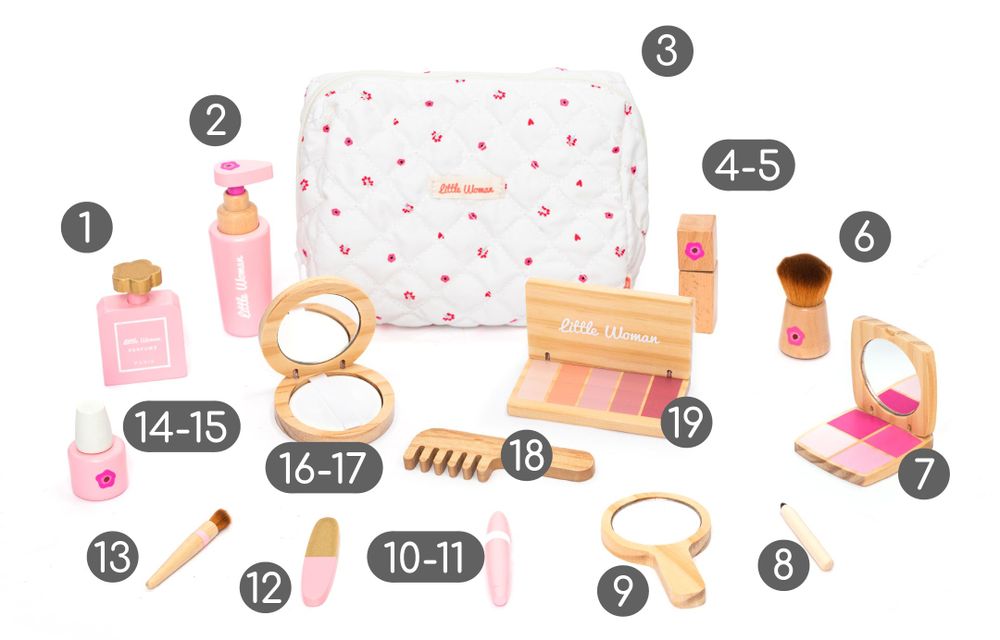 Nummerierter Lieferumfang des UMU Kosmetik-Sets Little Woman aus Holz