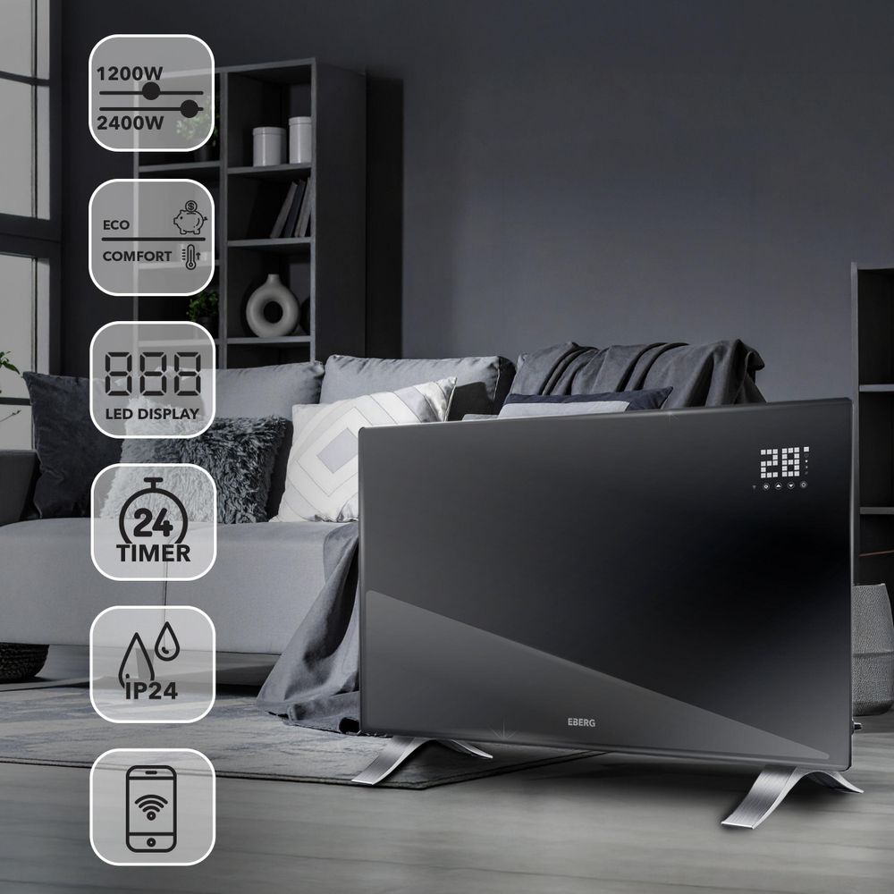 EBERG EVI PRO Grzejnik konwektorowy 2400 W Wi-Fi Szklany Panel Pilot Czarny