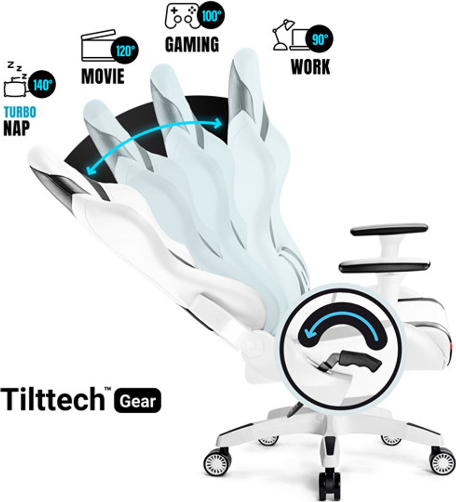 Diablo X-Horn Gaming Stuhl Bürostuhl Schreibtischstuhl 3D Armlehnen Ergonomisches Design Nacken/- Lendenkissen Kunstleder Wippfunktion, Farbe: Weiß, Größe Normal