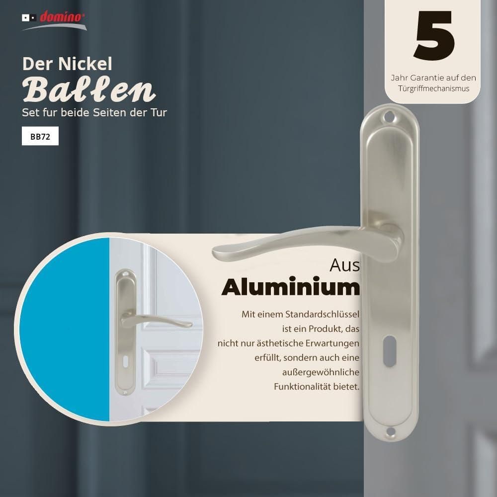 DOMINO Türgriff 72 Drückergarnitur BB-Buntbart Set | Langschildgarnitur | Türklinke für Zimmertür, Bürotür, Kellertür & Innentür | L-Form | Türbeschläge aus Aluminiuml | Nickel Türdrückergarnitur | BALLEN M9