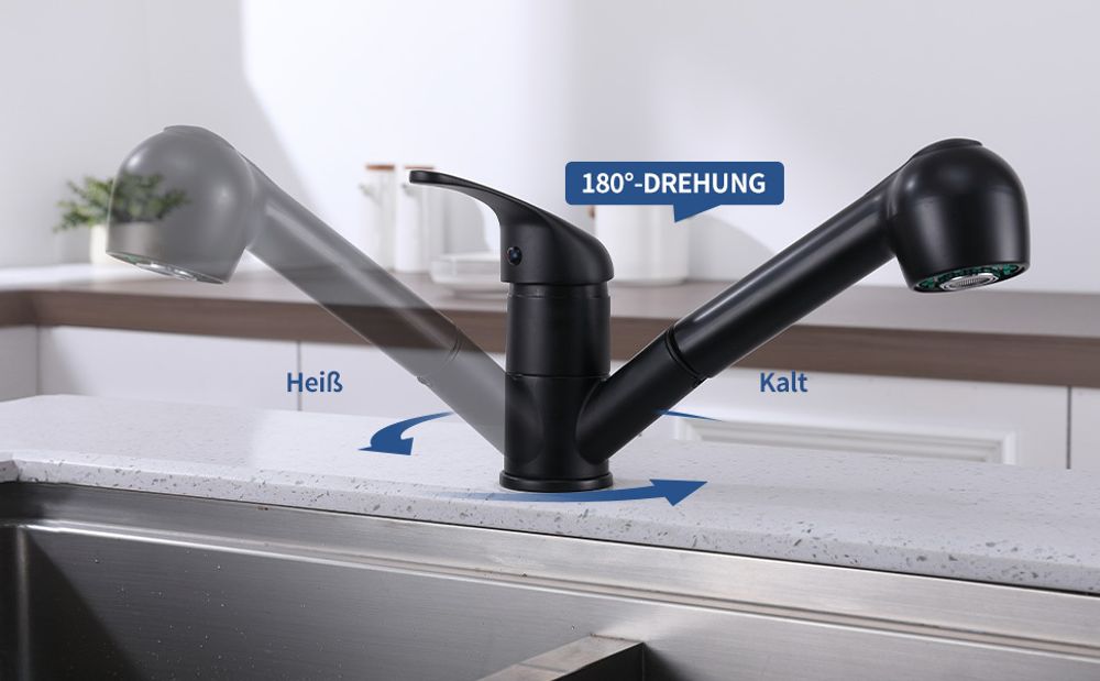 Homelody Schwarz Wasserhahn Küche,  Küchenarmaturen mit 2 Strahlarten Armatur mit Ausziehbarer Brause,  Mischbatterie Küche für Dual-Spülbecken