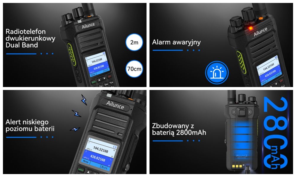 Radiotelefon Retevis Ailunce HA1UV, wodoodporne IP67, 2800 mAh, z funkcją repeatera, walkie talkie o dużym zasięgu do wędrówek na świeżym powietrzu
