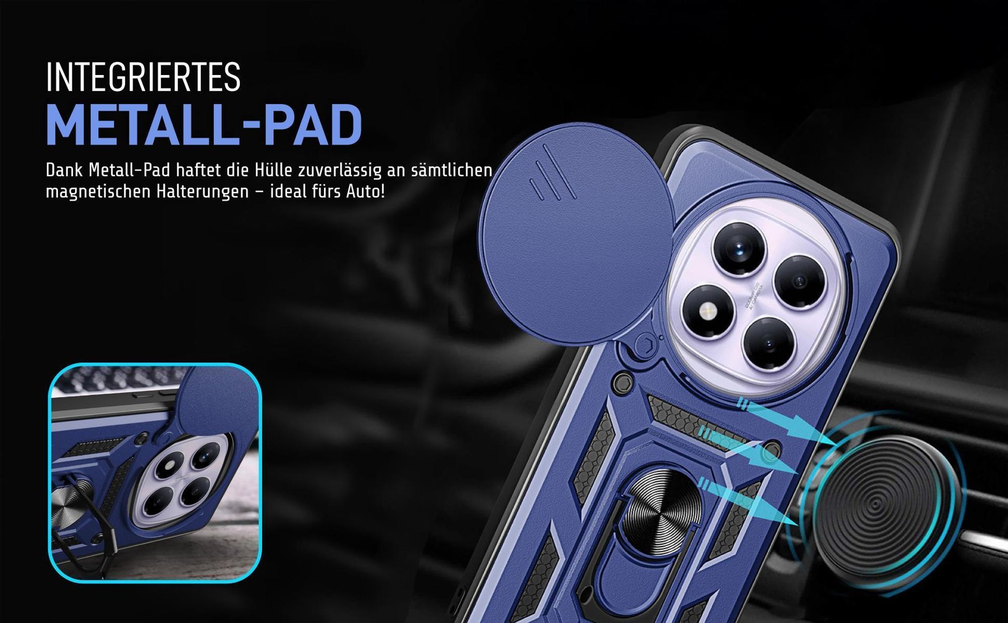 Bumper für Xiaomi Redmi Note 14 Pro in Blau mit Metallplatte