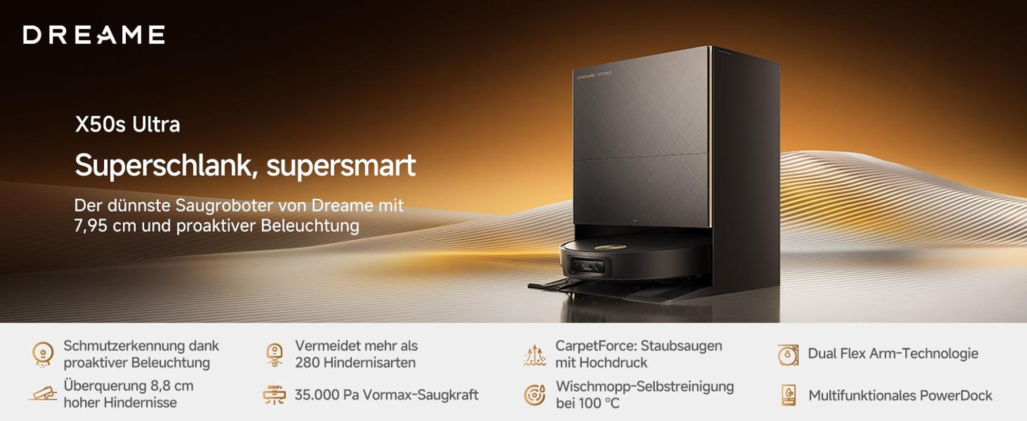 Dreame X50s Ultra Staubsauger Roboter mit Wischfunktion,35.000Pa Saugleistung,8.8cm Hindernisüberwindung,7.95cm Ultra-Slim,AstroVision™ System,Schwarz