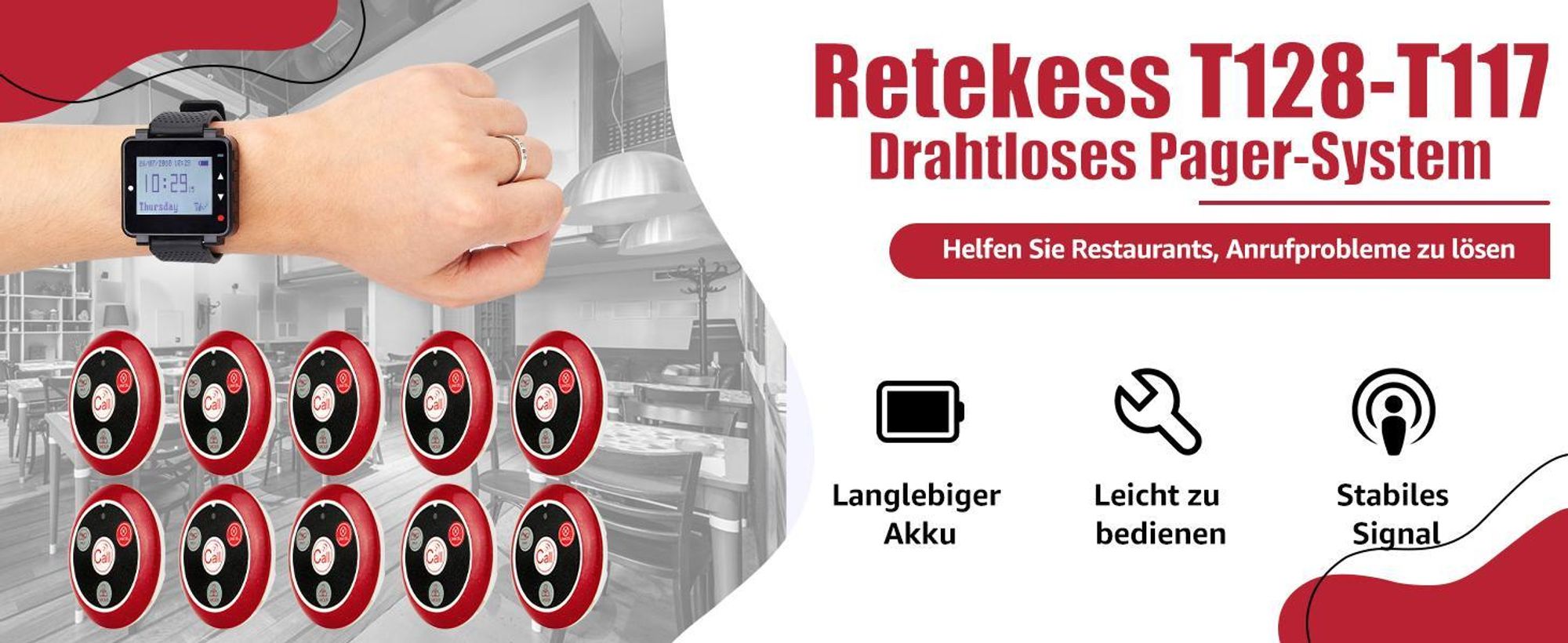 Retekess T128-T117 Restaurant Pager, Kellner Rufsystem, Uhrenempfänge, mit DREI Erinnerungsmodi, für Bar, Hotel, Klinik, Veterinärgeschäft