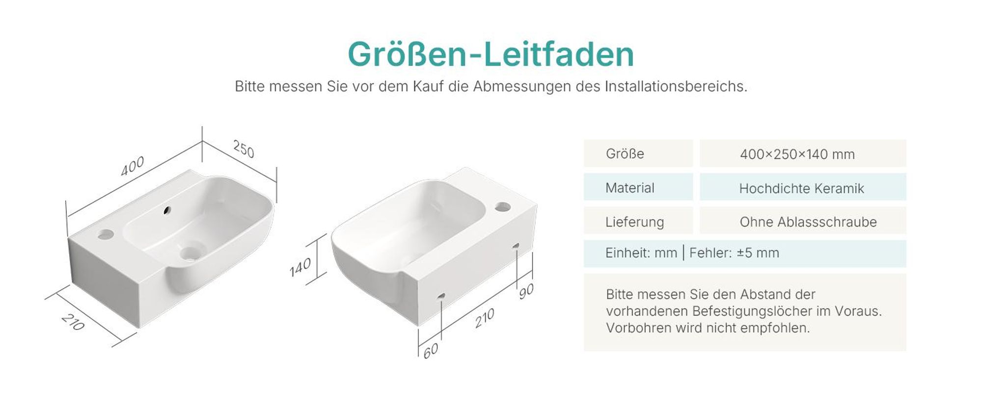 EMKE Wandwaschbecken Keramik Rechteckig 400x250mm Weiß Glänzend Abgerundetes Hänge Waschbecken mit Armaturloch & Überlauf für Gäste-WC & kleines Bad