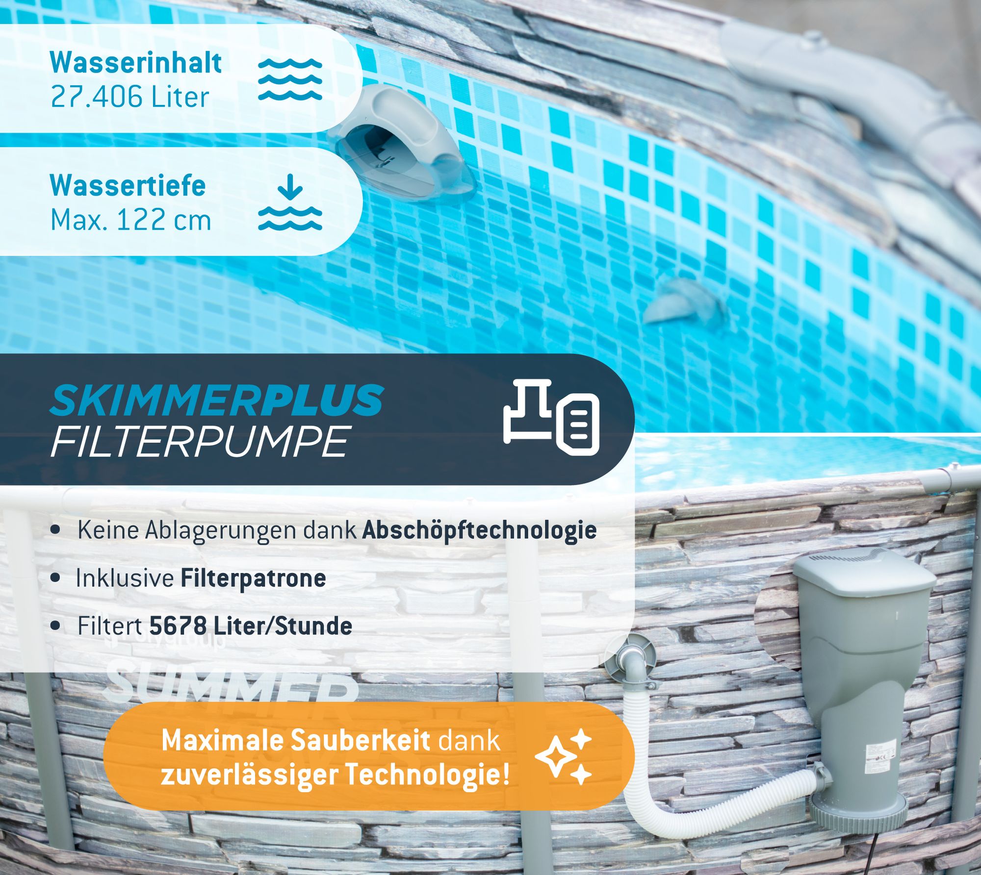 Summer Waves Elite Frame Pool Aufstellpool rund Komplettset Steinoptik Ø 549x132 cm