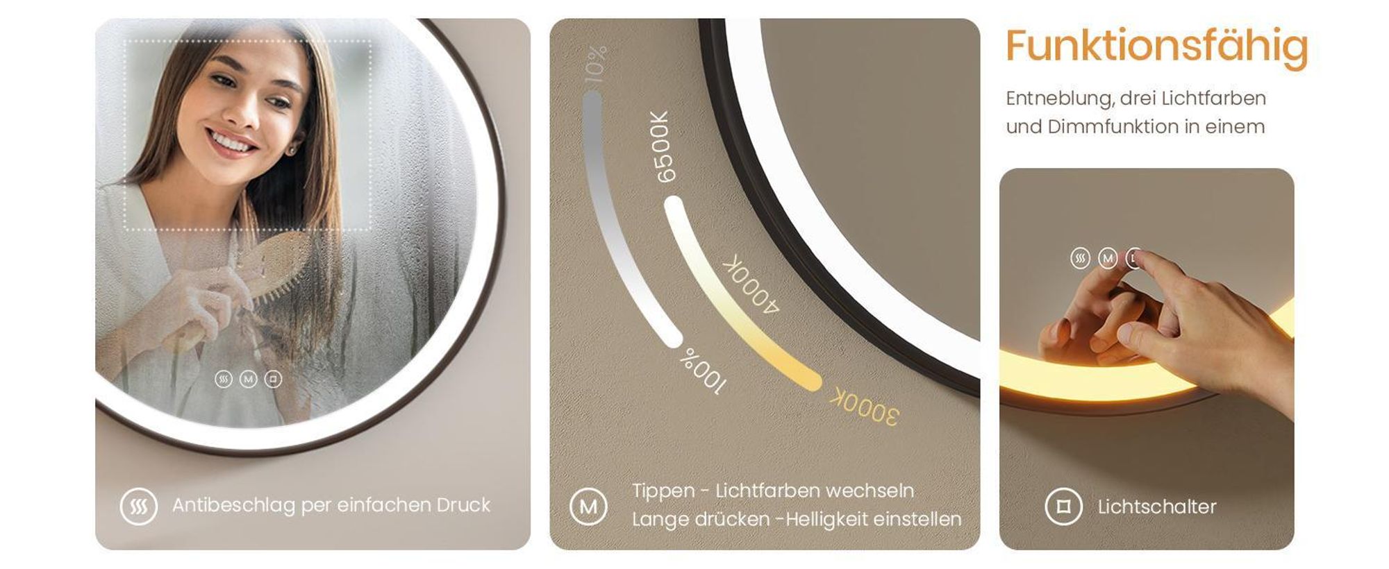 EMKE LED Badspiegel Rund 70 cm Durchmesser LED Spiegel Badezimmerspiegel mit Beleuchtung 3 Lichtfarbe 3000-6500K Kaltweiß Neutral Warmweiß Dimmbar Lichtspiegel mit Beschlagfrei und Touchschalter IP44 Energiesparend (Schwarz Design)