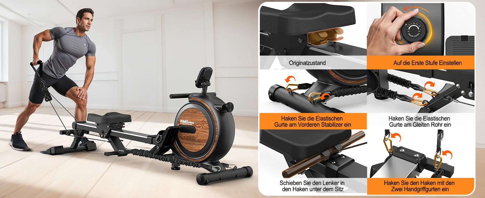 VOWVIT Heim-Rudergerät magnetischer Widerstand, Bluetooth, Tablet-Halterung, bis 160 kg