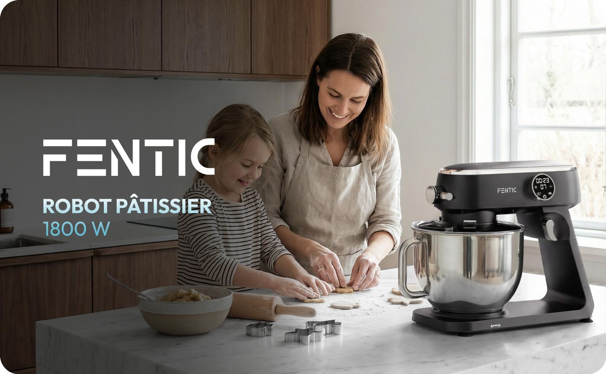 Fentic Robot pâtissier 1800W, Bol inox 7L, Pétrin pour pâte à pain & à pizza, Mouvement planétaire, 10 vitesses minuteur & pare-éclaboussures