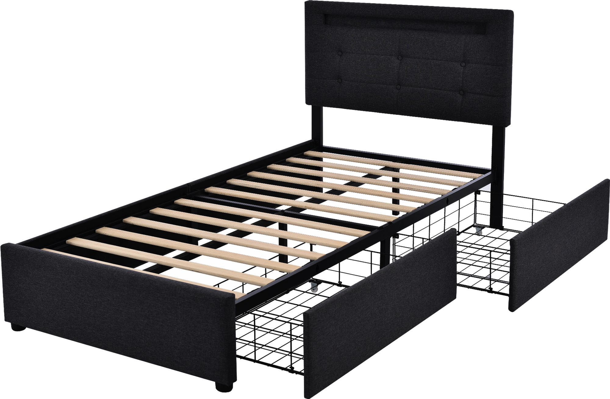 Flieks Polsterbett 90x200cm mit LED und höhenverstellbarem Kopfteil, Einzelbett mit Lattenrost und 2 Schubladen, Stauraumbett Leinen, Schwarz
