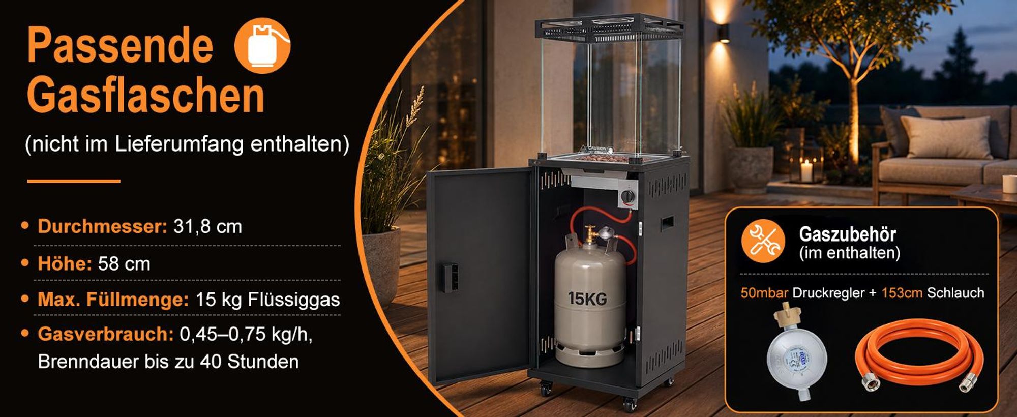 ZMH Riscaldatore a gas per terrazzo 13kW fungo riscaldante protezione anti‑ribaltamento fiamma regolabile mobile bombola 15kg balcone giardino