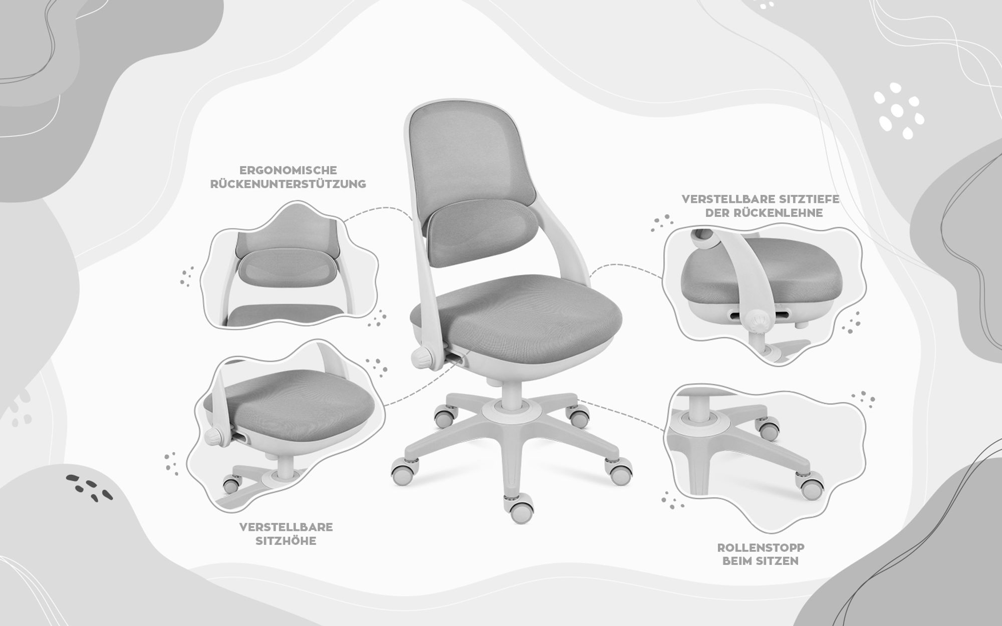 Mark Adler Junior 4.7 Grey Kinder Schreibtischstuhl Ergonomischer Kinderdrehstuhl Fußablage Grau