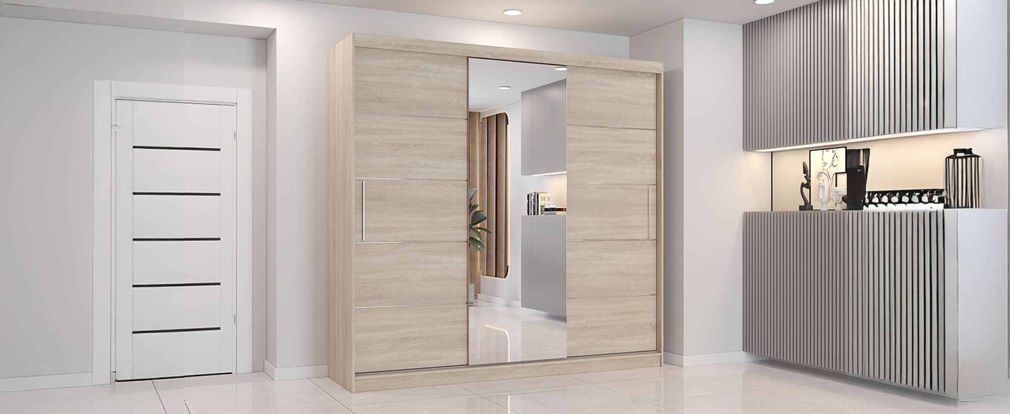 Schwebetürenschrank Astra, 233 cm, Sonoma/Sonoma, mit Spiegel
